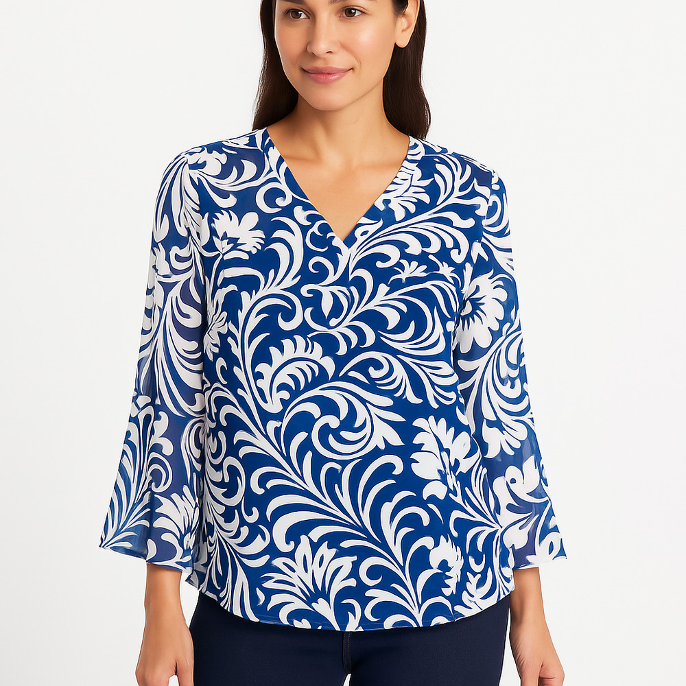 Chicos Blue White Abstract Floral Sheer Bell Sleeve VNeck Top (Chicos 2)US Large